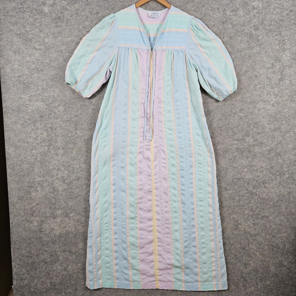 VINTAGE Tiffany Loungewear Pastel Striped Robe Gown Zip Front 1/2 Sleeve FLAWS